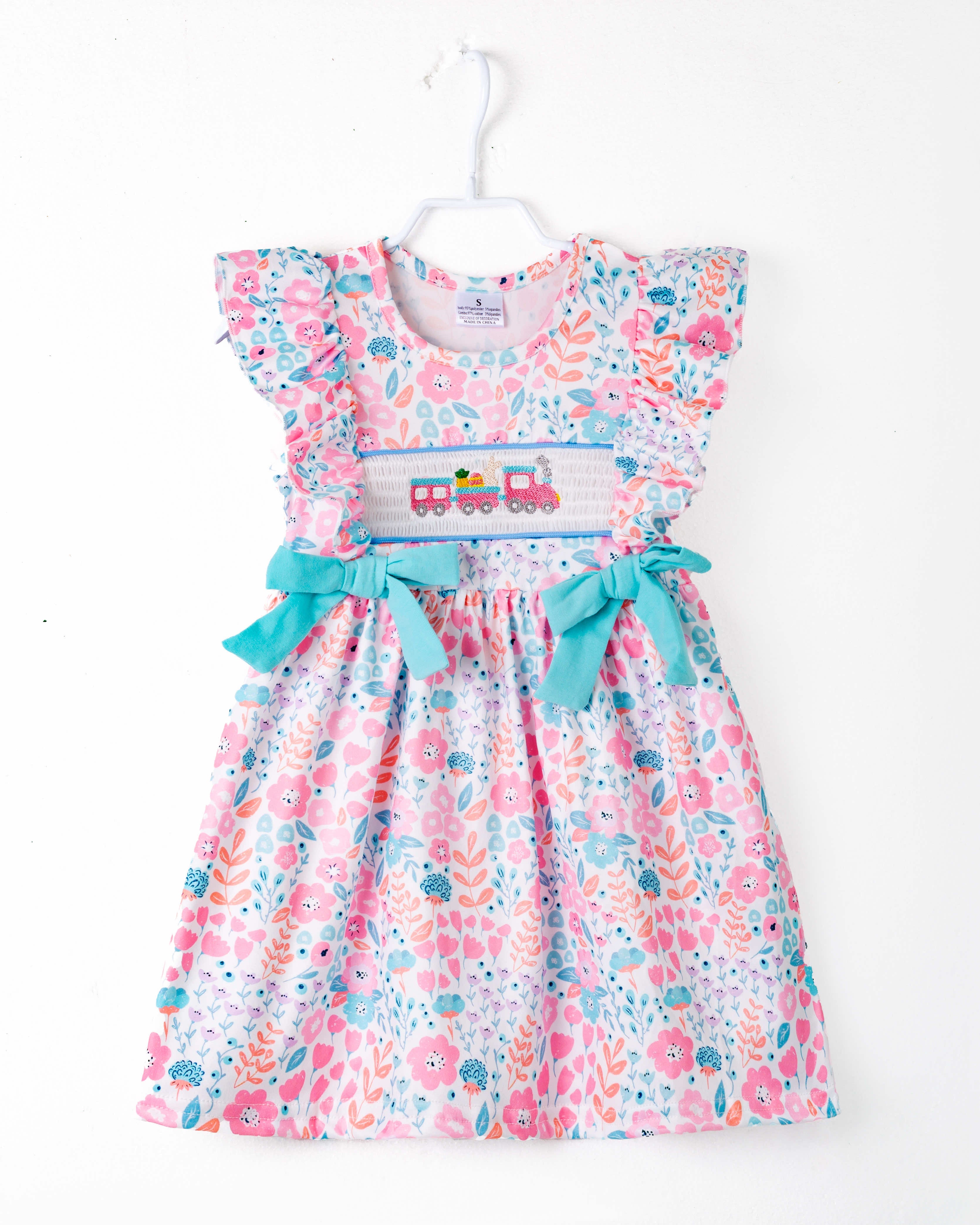 Floral Little Train Bunny Egg Carrot Ruffle Smocked Girl Dress