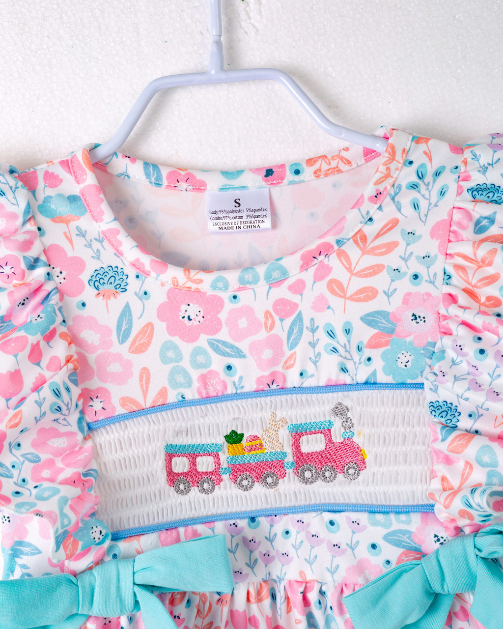 Floral Little Train Bunny Egg Carrot Ruffle Smocked Girl Dress