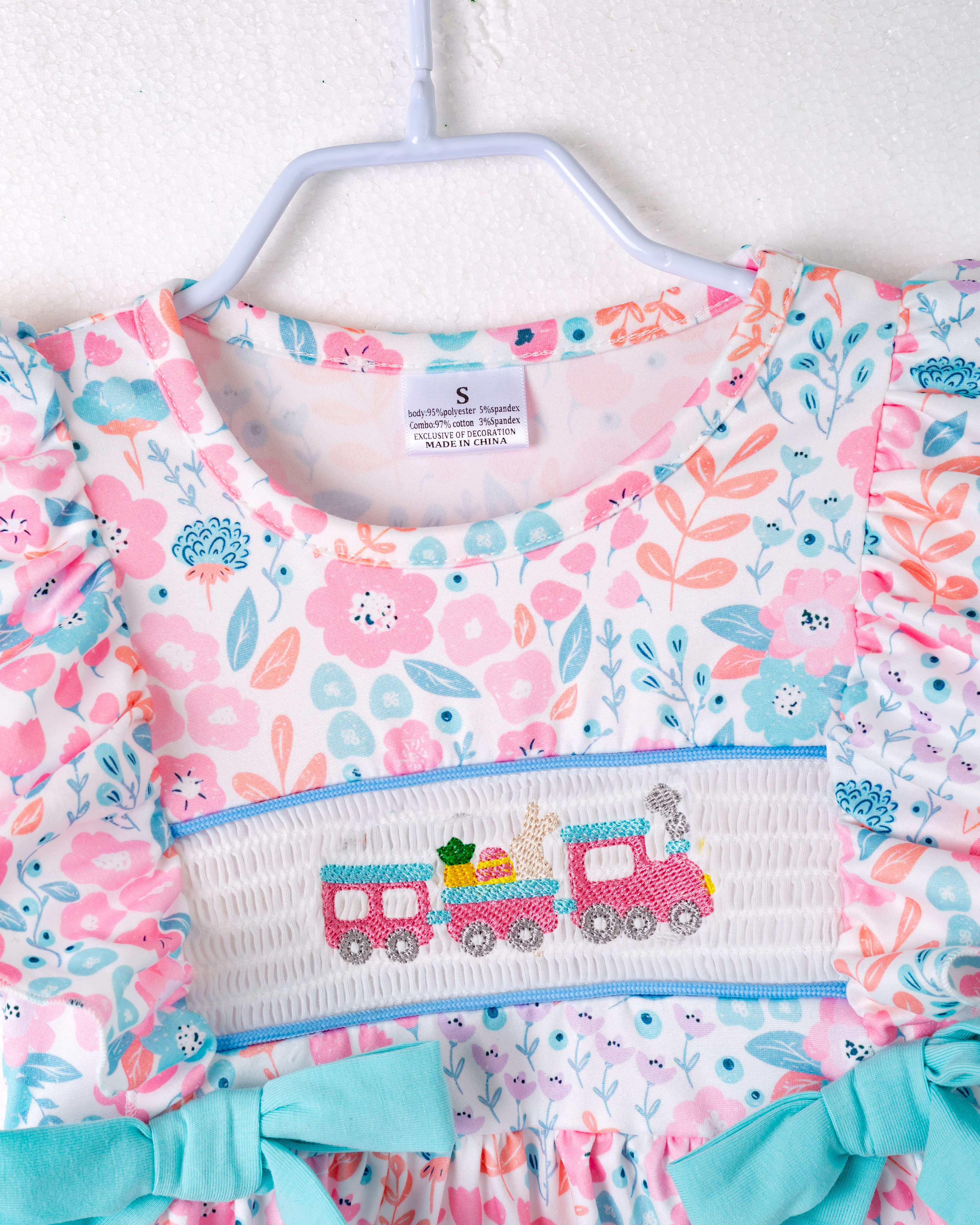Floral Little Train Bunny Egg Carrot Ruffle Smocked Girl Dress