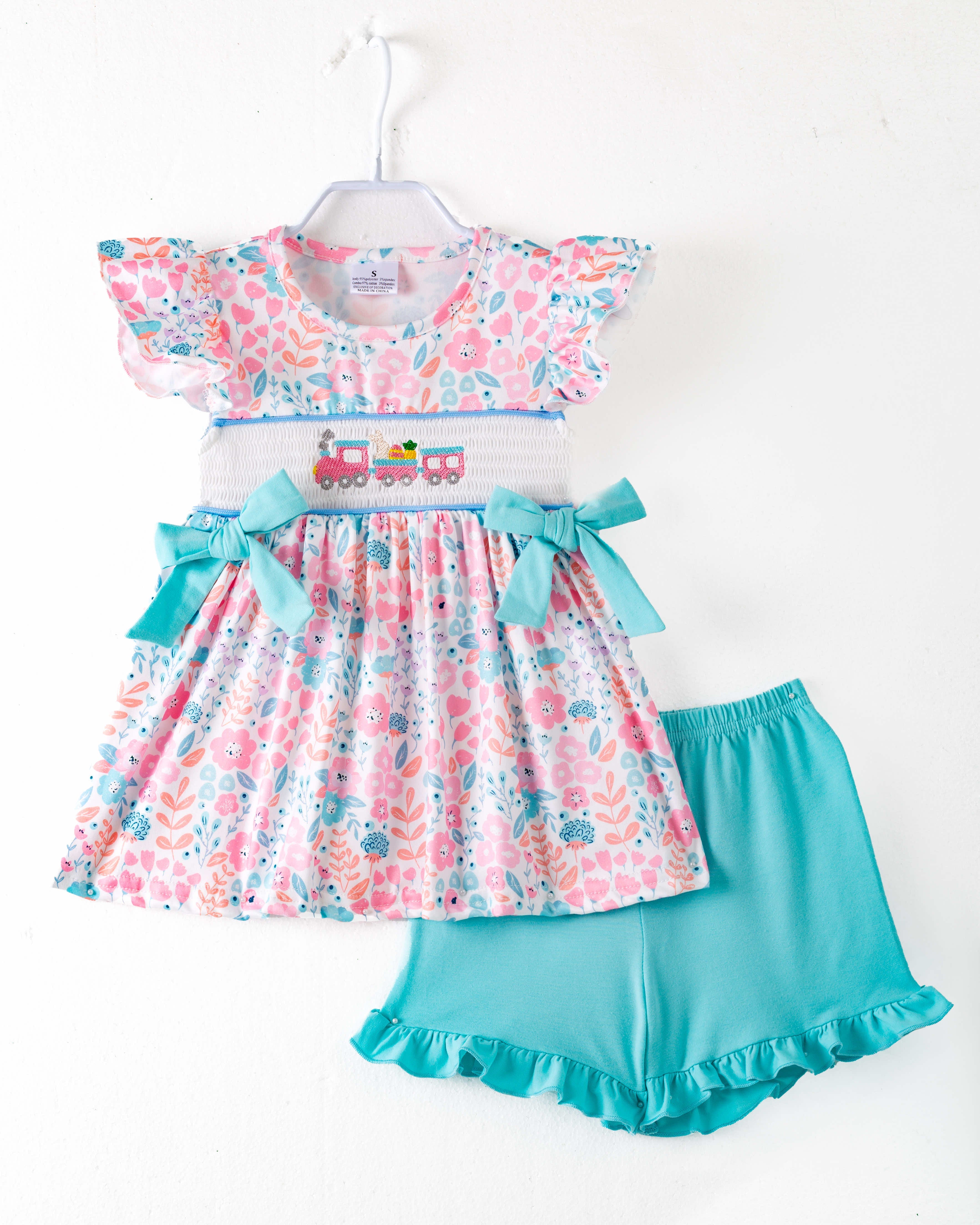 Floral Little Train Bunny Egg Carrot Ruffle Smocked Girl Short Set