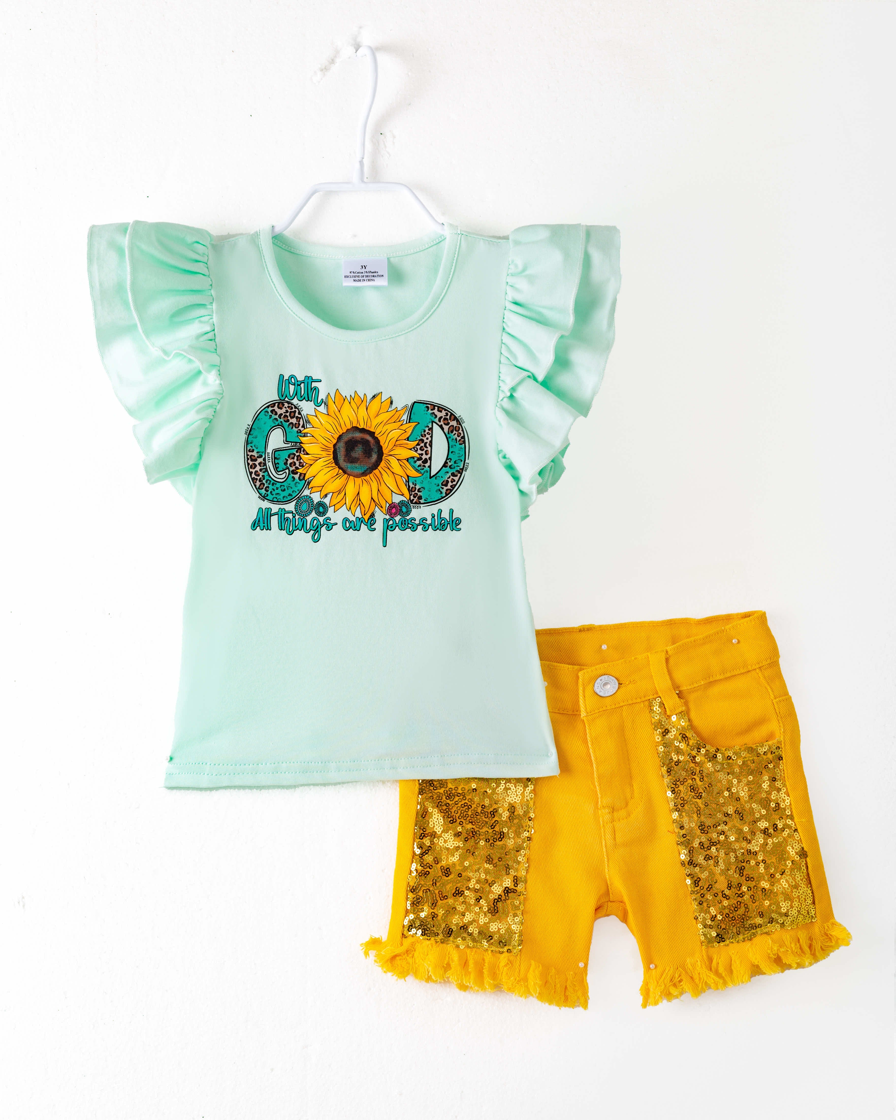 Yellow Sunflower Sequins Girl Denim Short Set