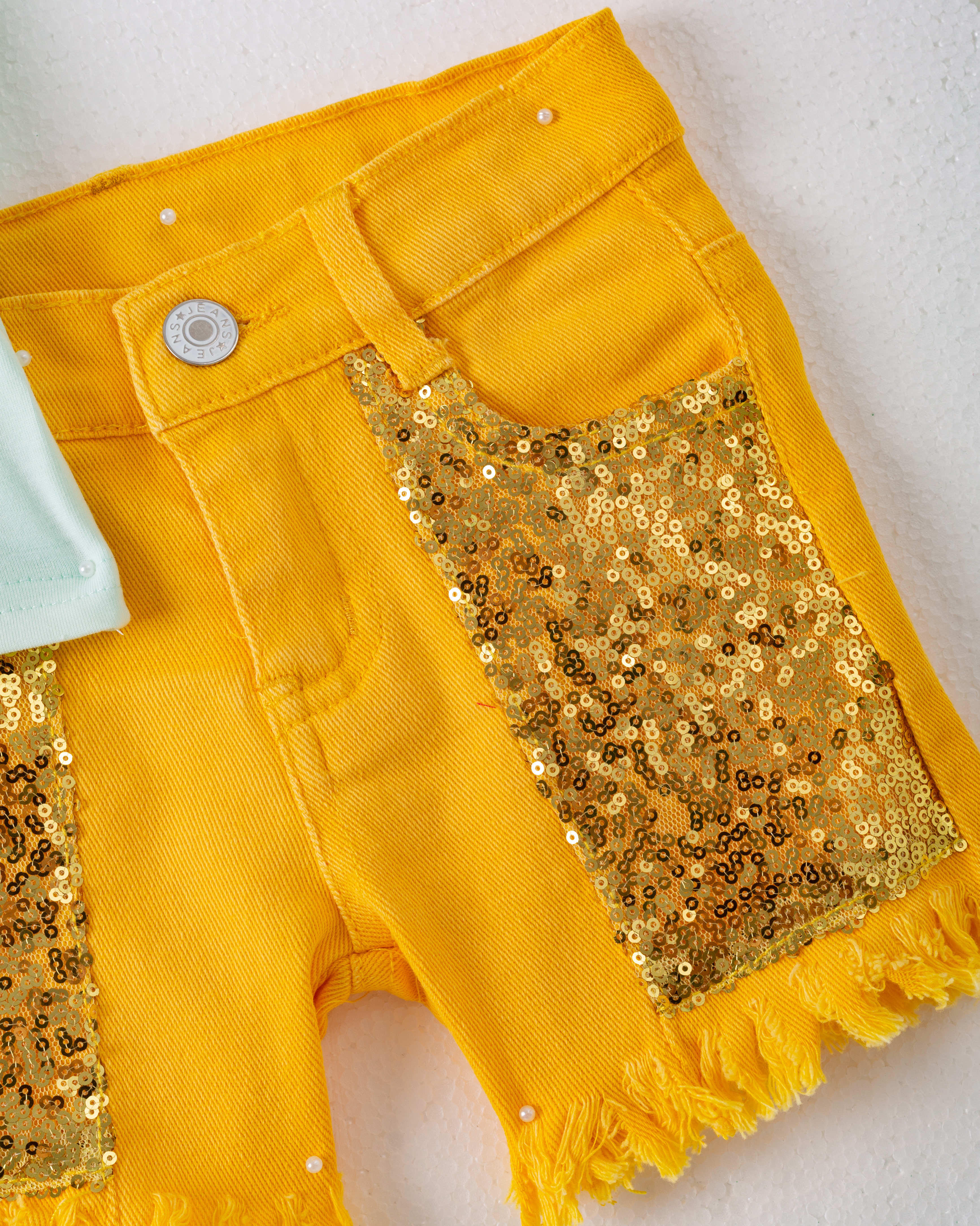 Yellow Sunflower Sequins Girl Denim Short Set