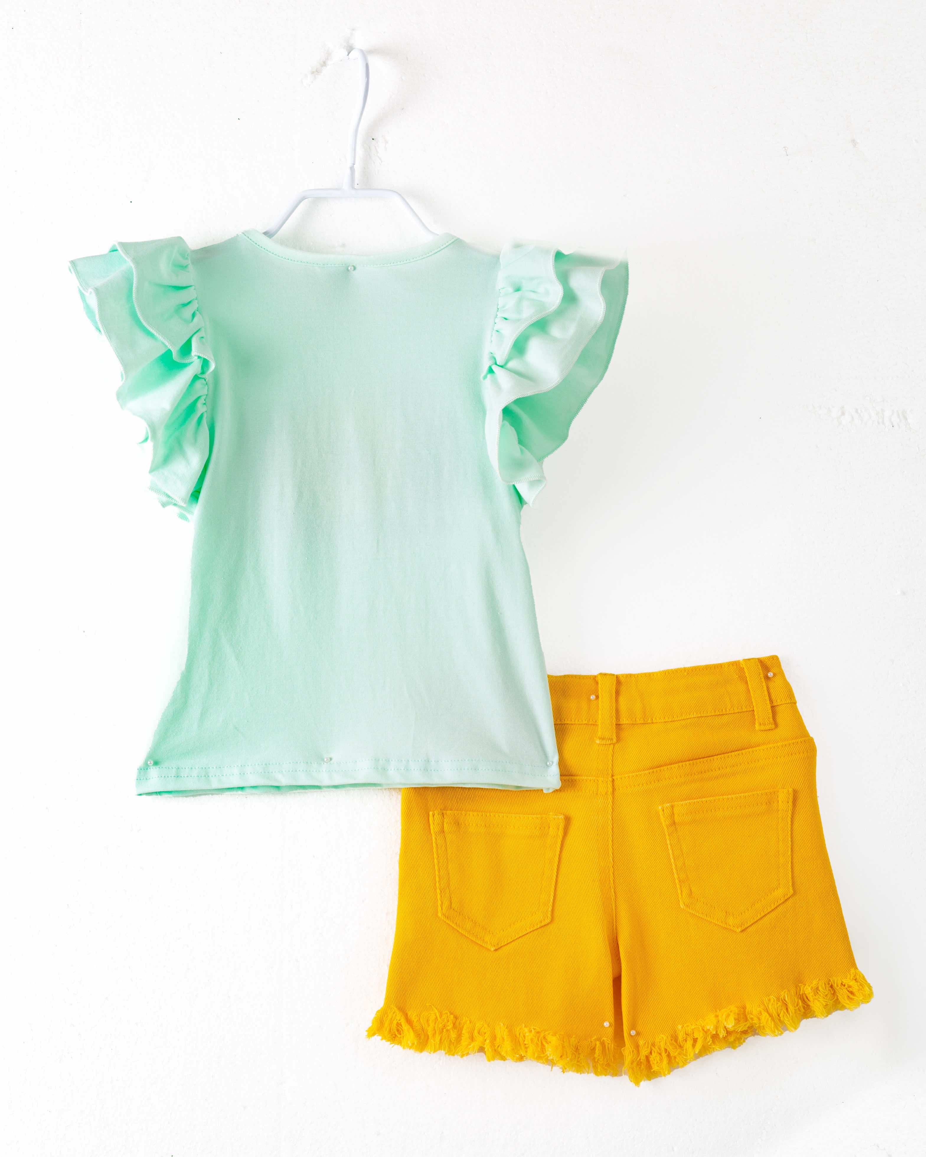 Yellow Sunflower Sequins Girl Denim Short Set