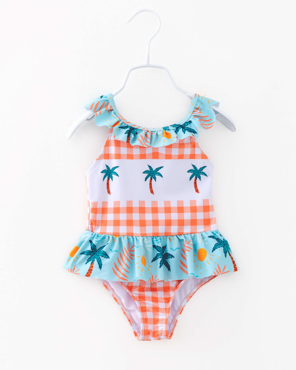 Girl Plaid Tropical Coconut Palm Ruffle One Piece Swimsuit