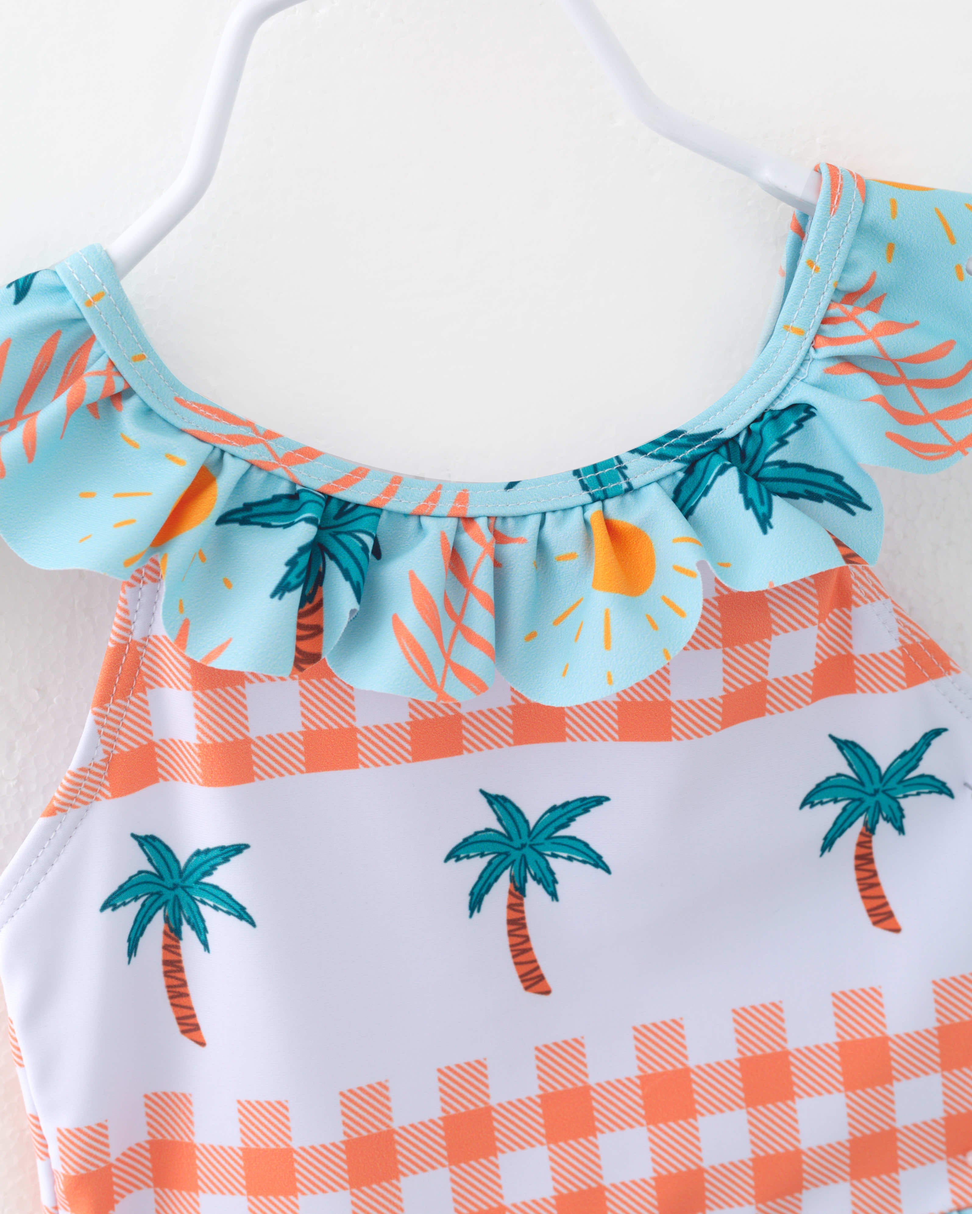 Girl Plaid Tropical Coconut Palm Ruffle One Piece Swimsuit