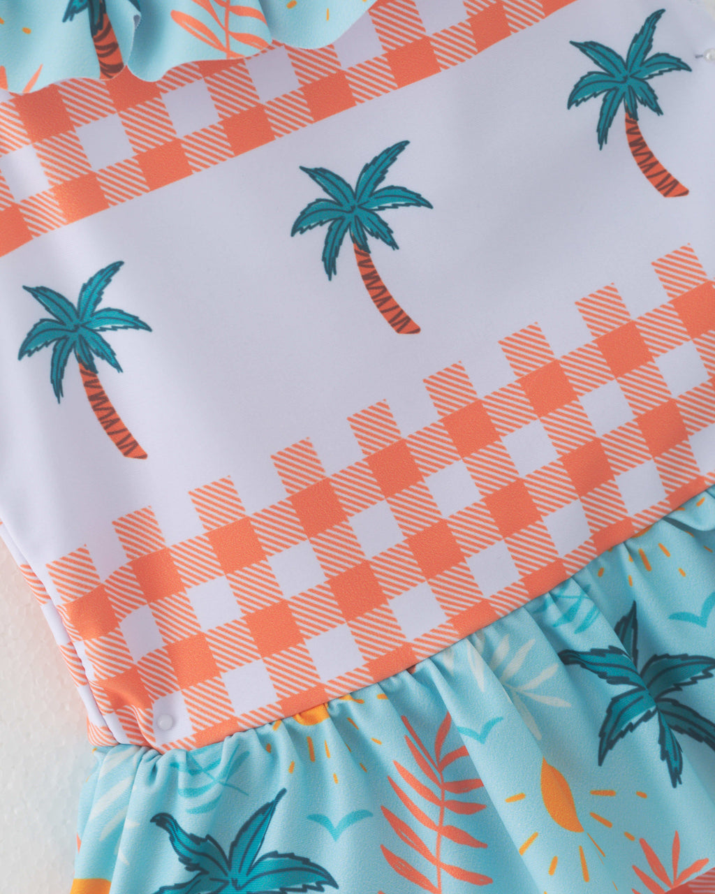Girl Plaid Tropical Coconut Palm Ruffle One Piece Swimsuit