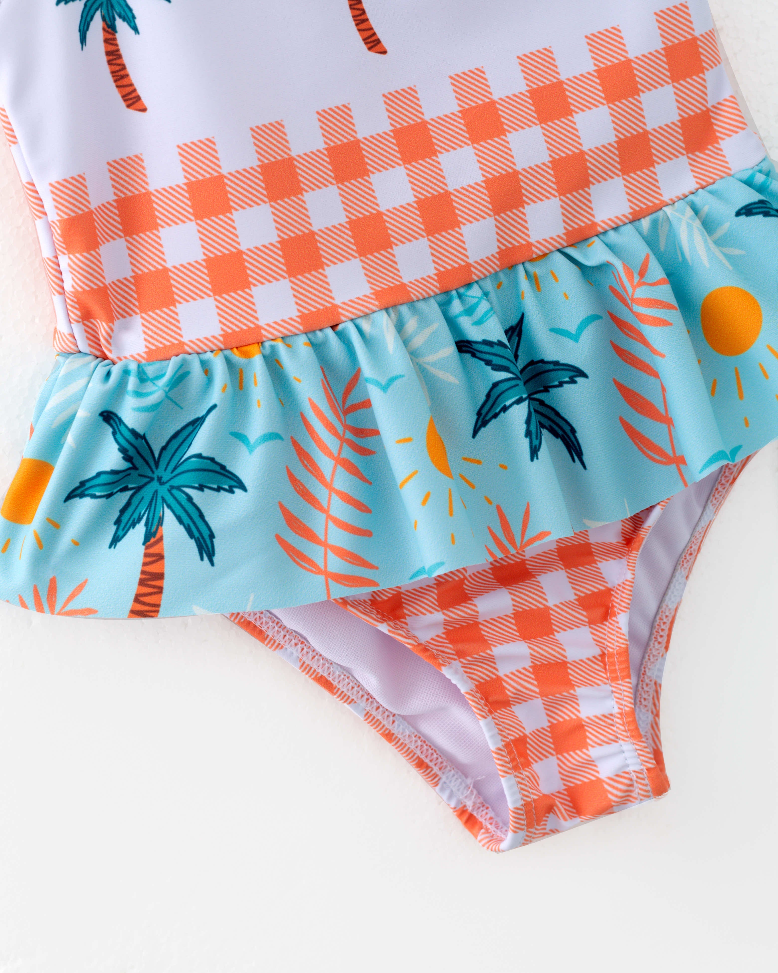 Girl Plaid Tropical Coconut Palm Ruffle One Piece Swimsuit