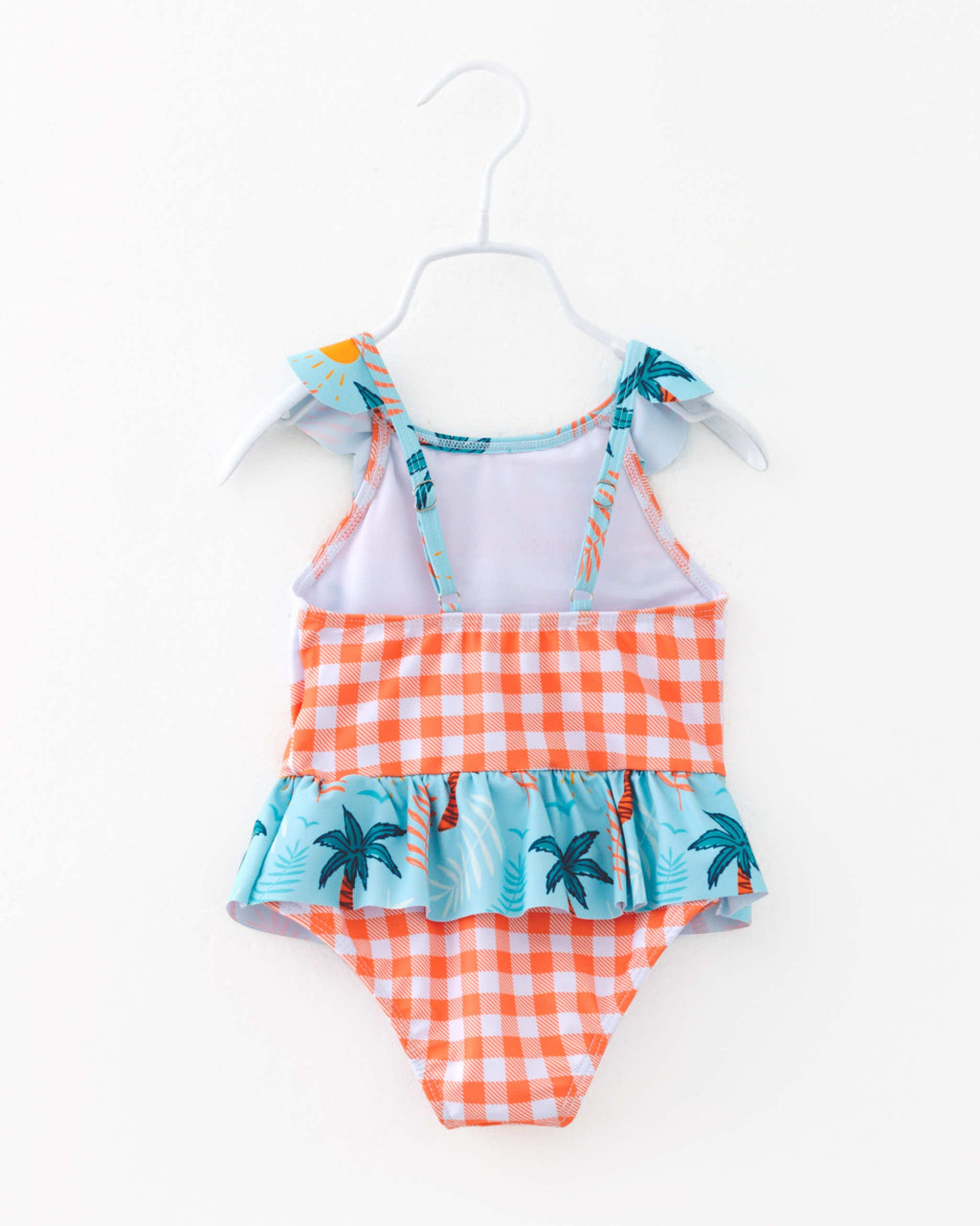 Girl Plaid Tropical Coconut Palm Ruffle One Piece Swimsuit