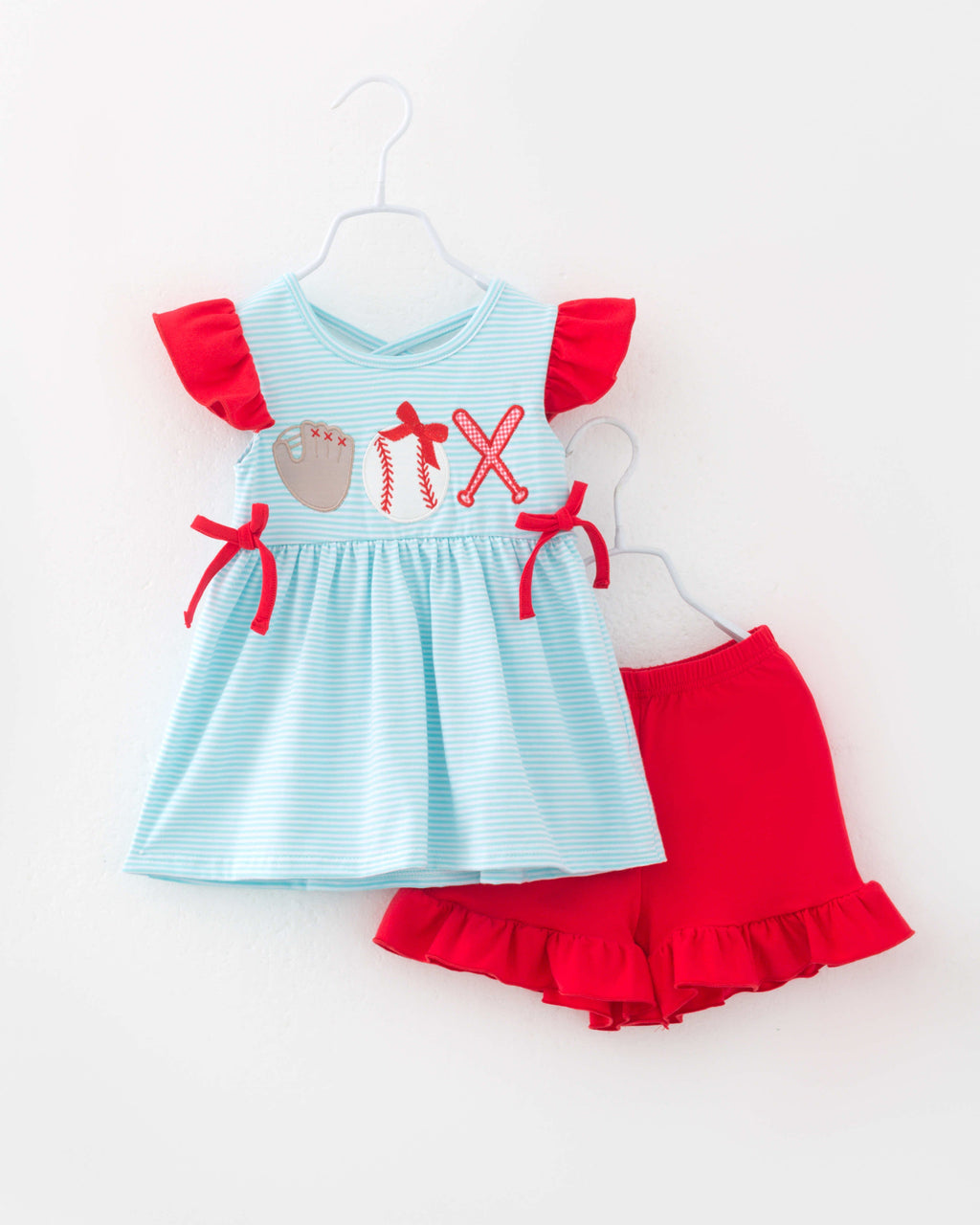 Baseball Blue Red Ruffle Girl Short Set