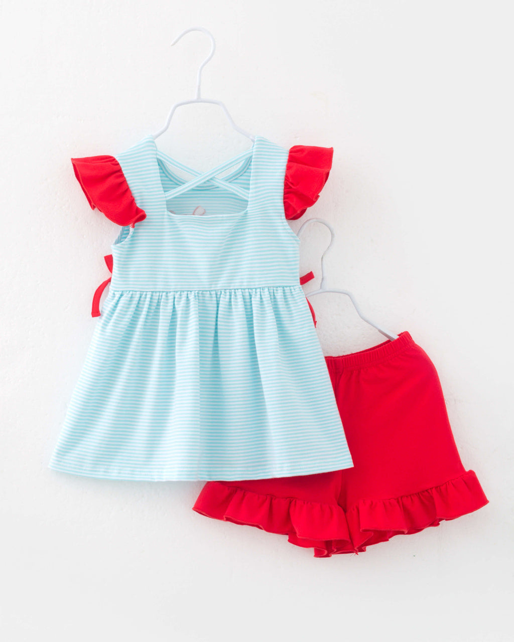 Baseball Blue Red Ruffle Girl Short Set