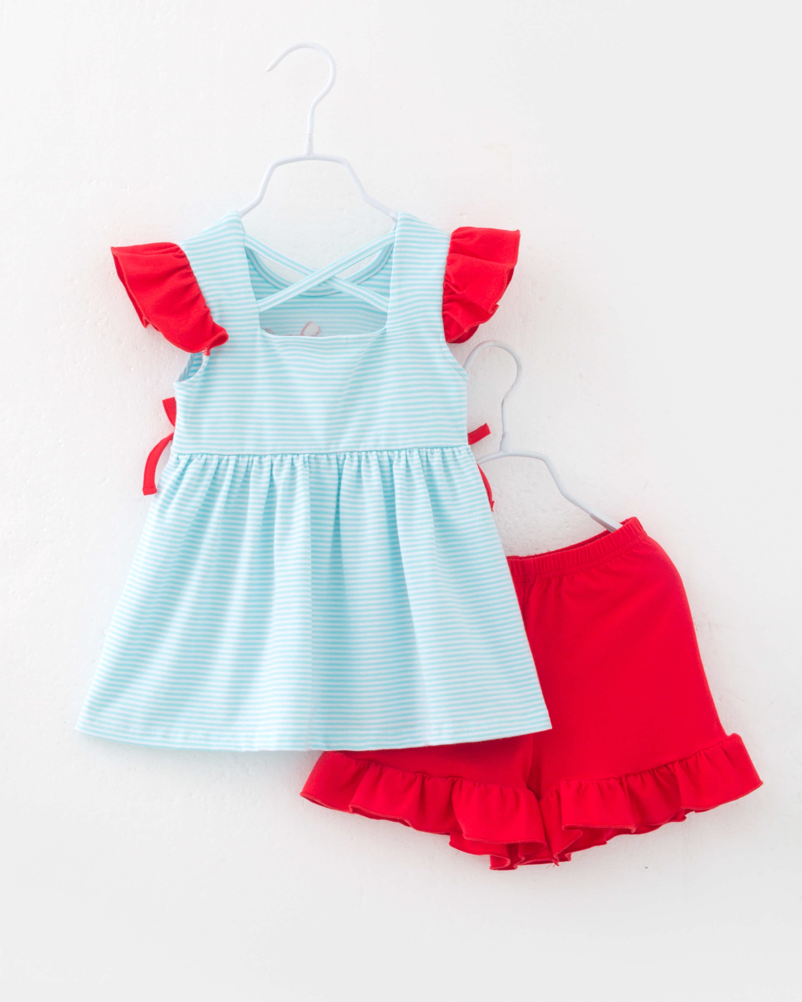 Baseball Blue Red Ruffle Girl Short Set