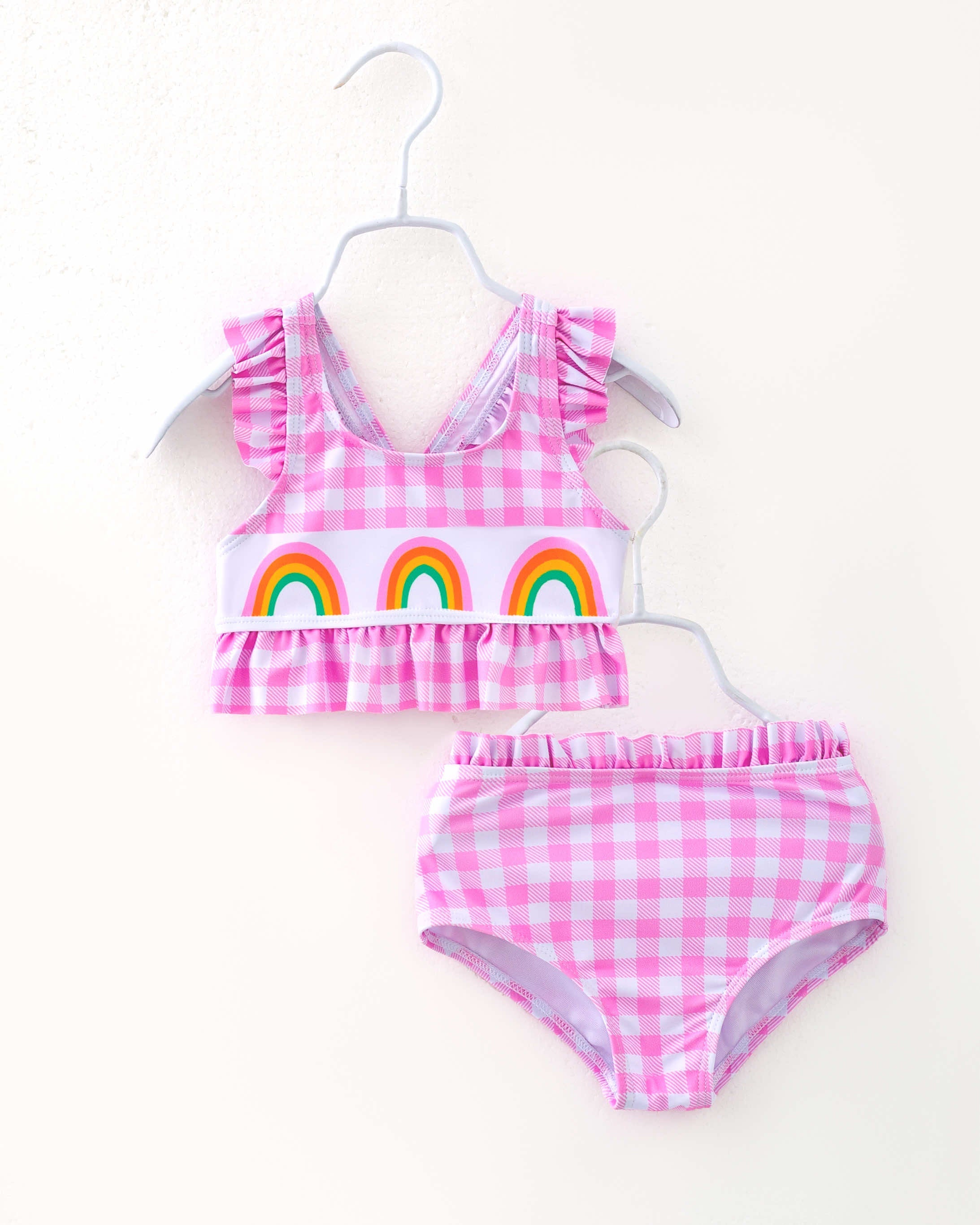 Pink Checkered Rainbow Ruffle Girl Bikini Swimsuit