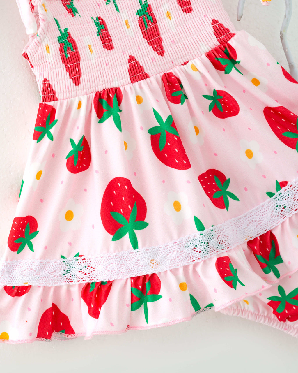 Pink Strawberry Flower Baby Girl Smocked Lace Ruffle Romper Set