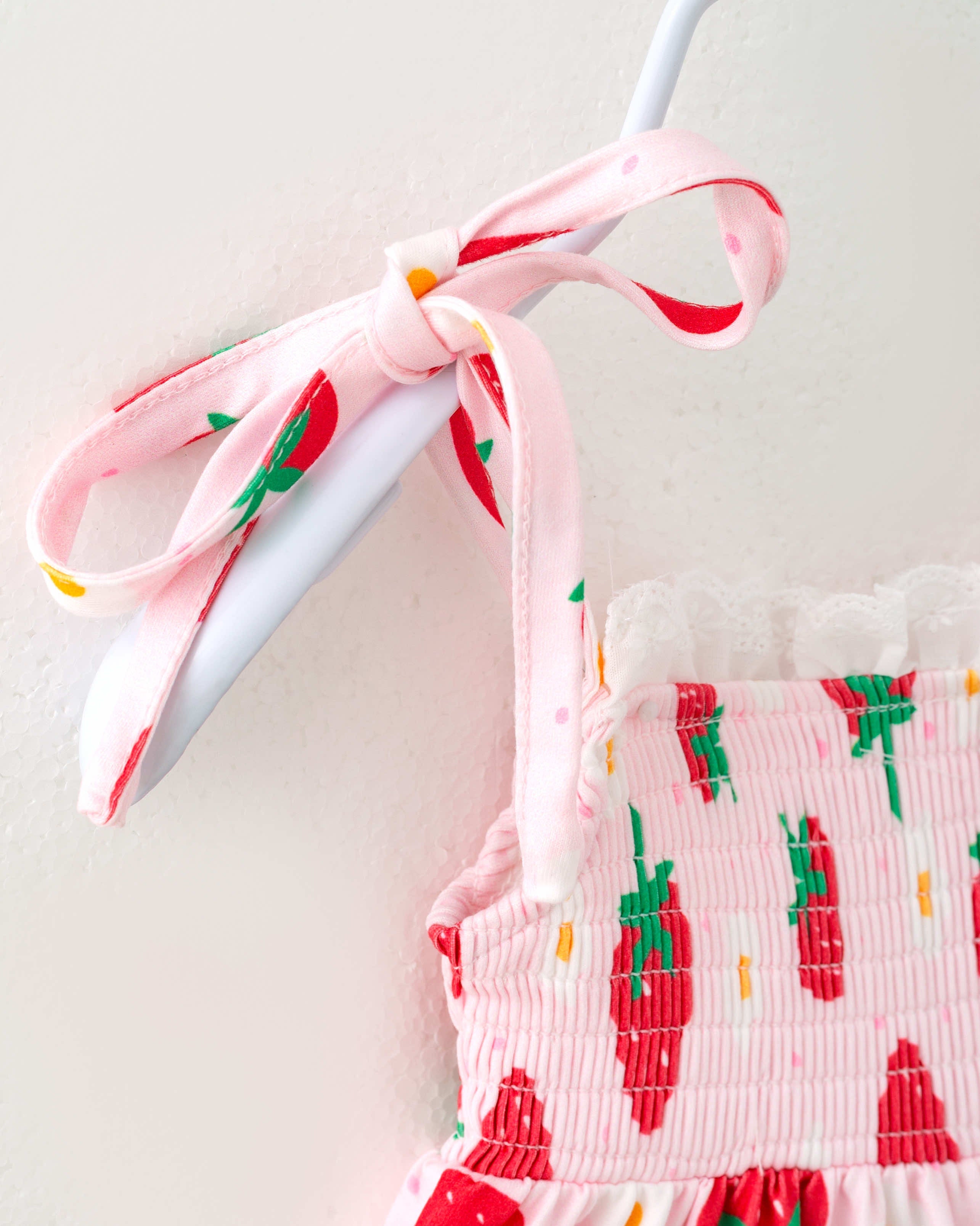 Pink Strawberry Flower Baby Girl Smocked Lace Ruffle Romper Set