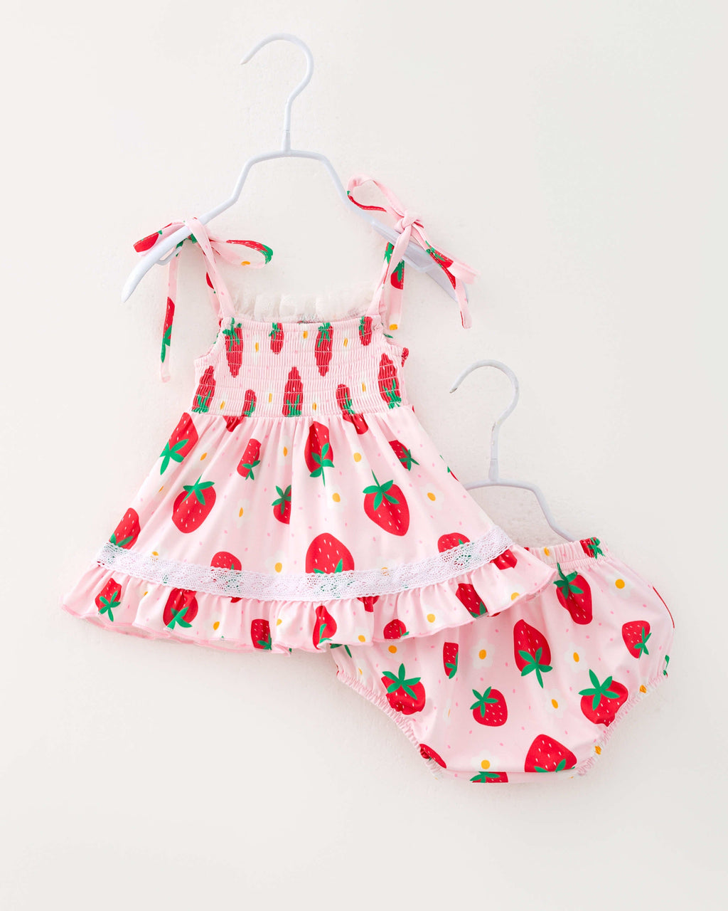 Pink Strawberry Flower Baby Girl Smocked Lace Ruffle Romper Set