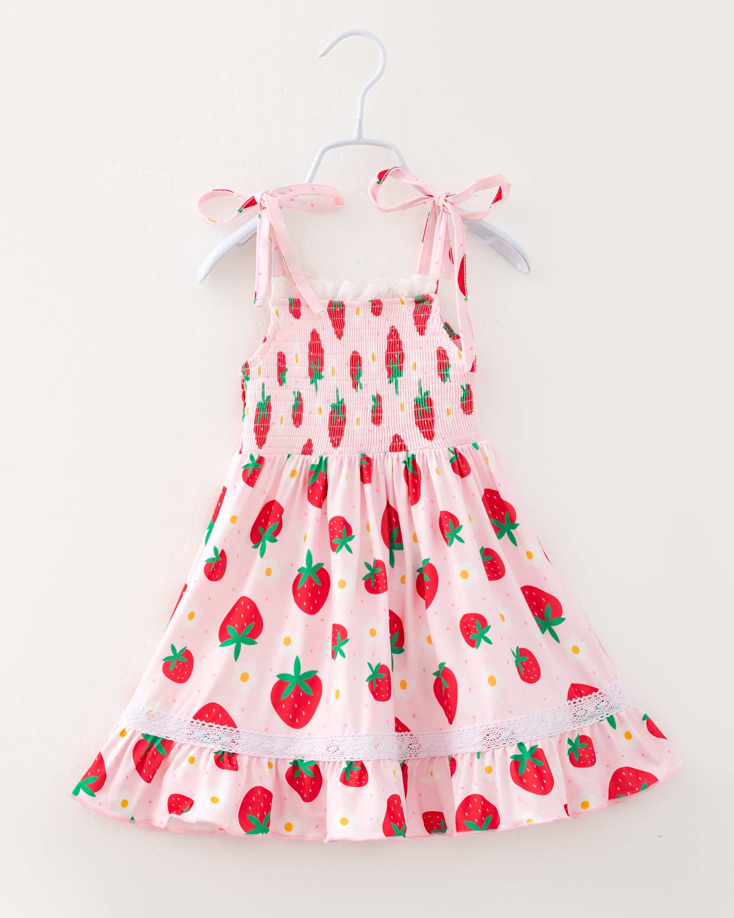 Pink Strawberry Flower Girl Ruffle Smocked Dress