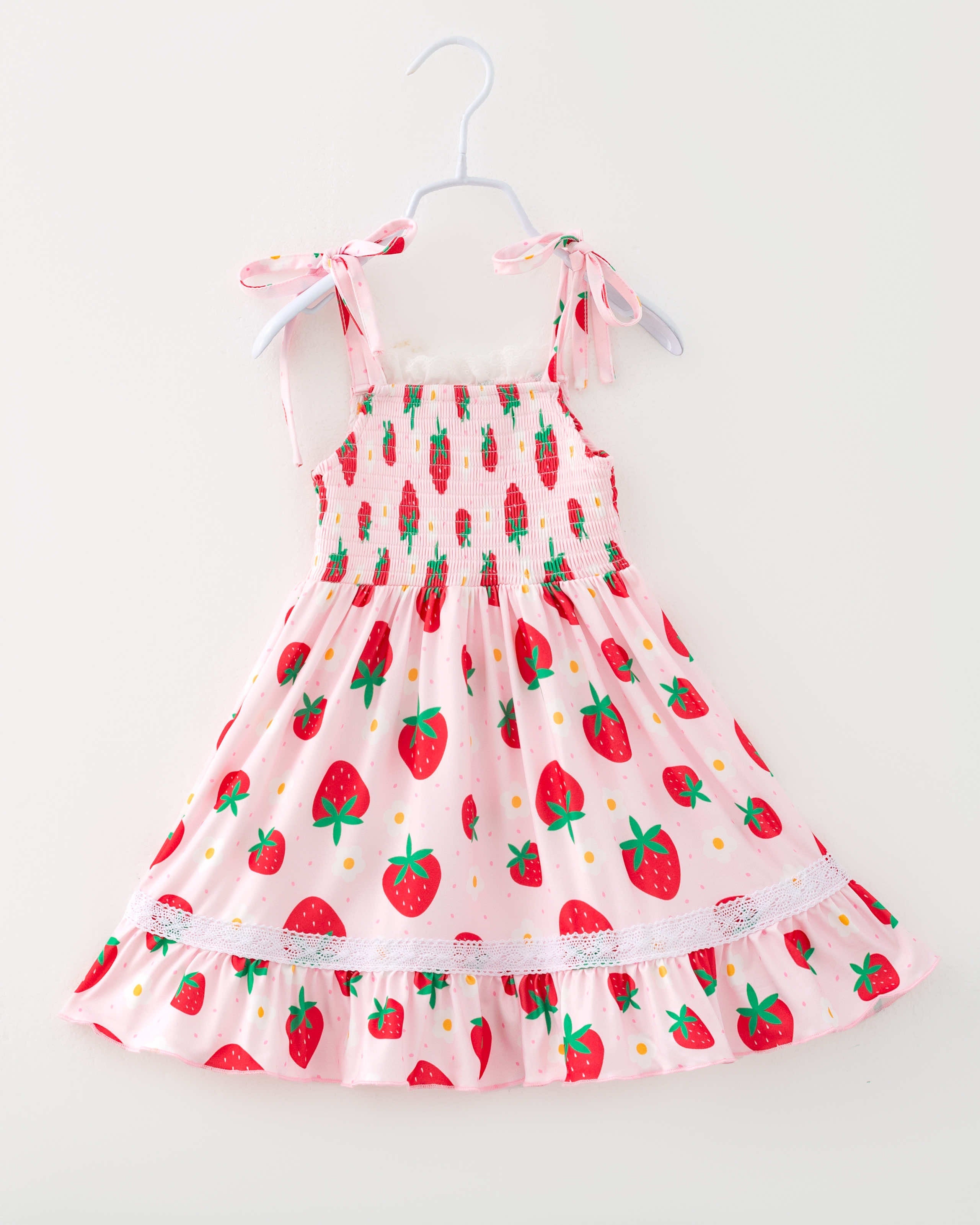 Pink Strawberry Flower Girl Ruffle Smocked Dress