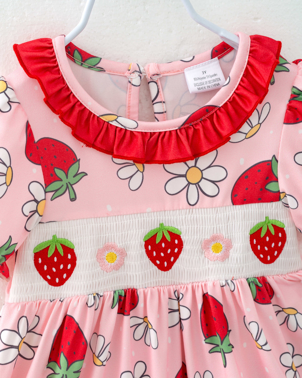Pink Strawberry Flower Girl Ruffle Smocked Dress