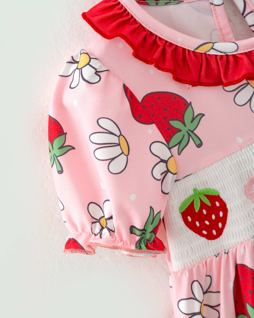 Pink Strawberry Flower Girl Ruffle Smocked Dress