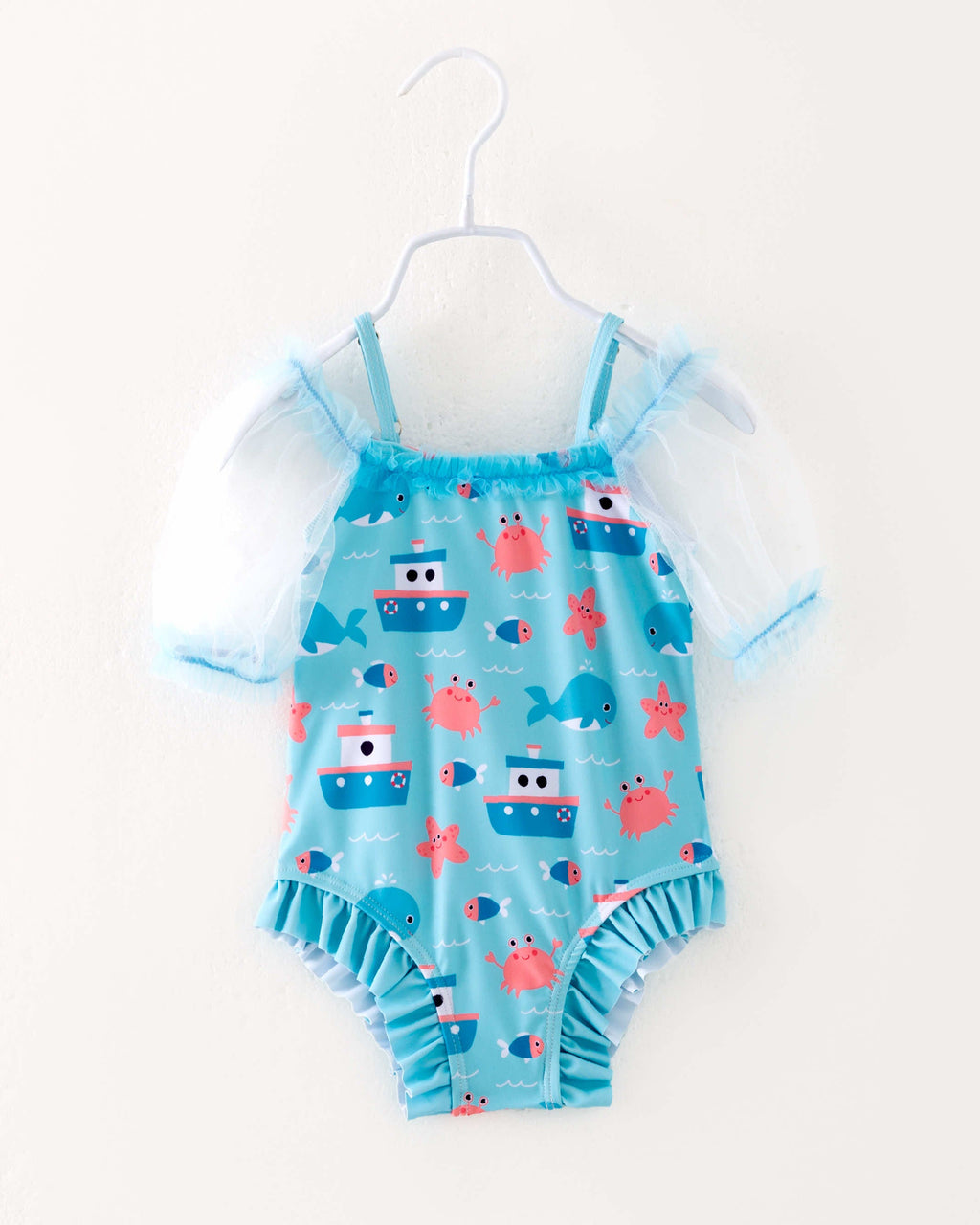 Blue Sea Boat Crab Ruffle Girl One Piece Swimsuit