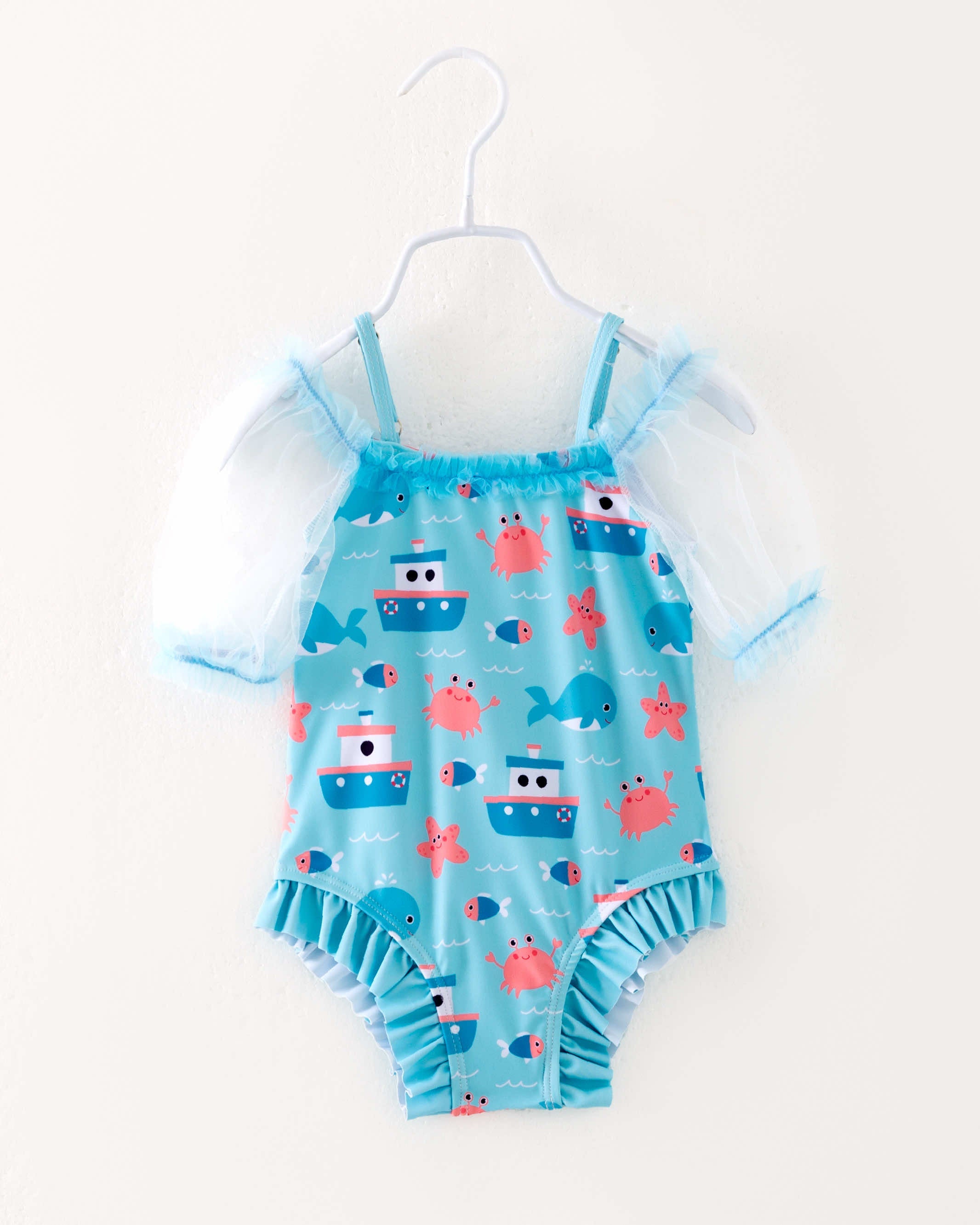 Blue Sea Boat Crab Ruffle Girl One Piece Swimsuit