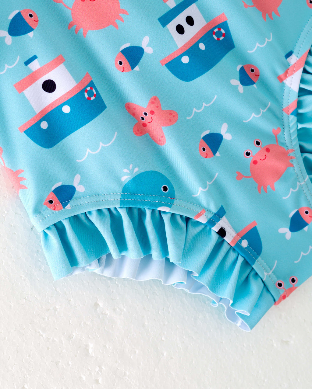 Blue Sea Boat Crab Ruffle Girl One Piece Swimsuit