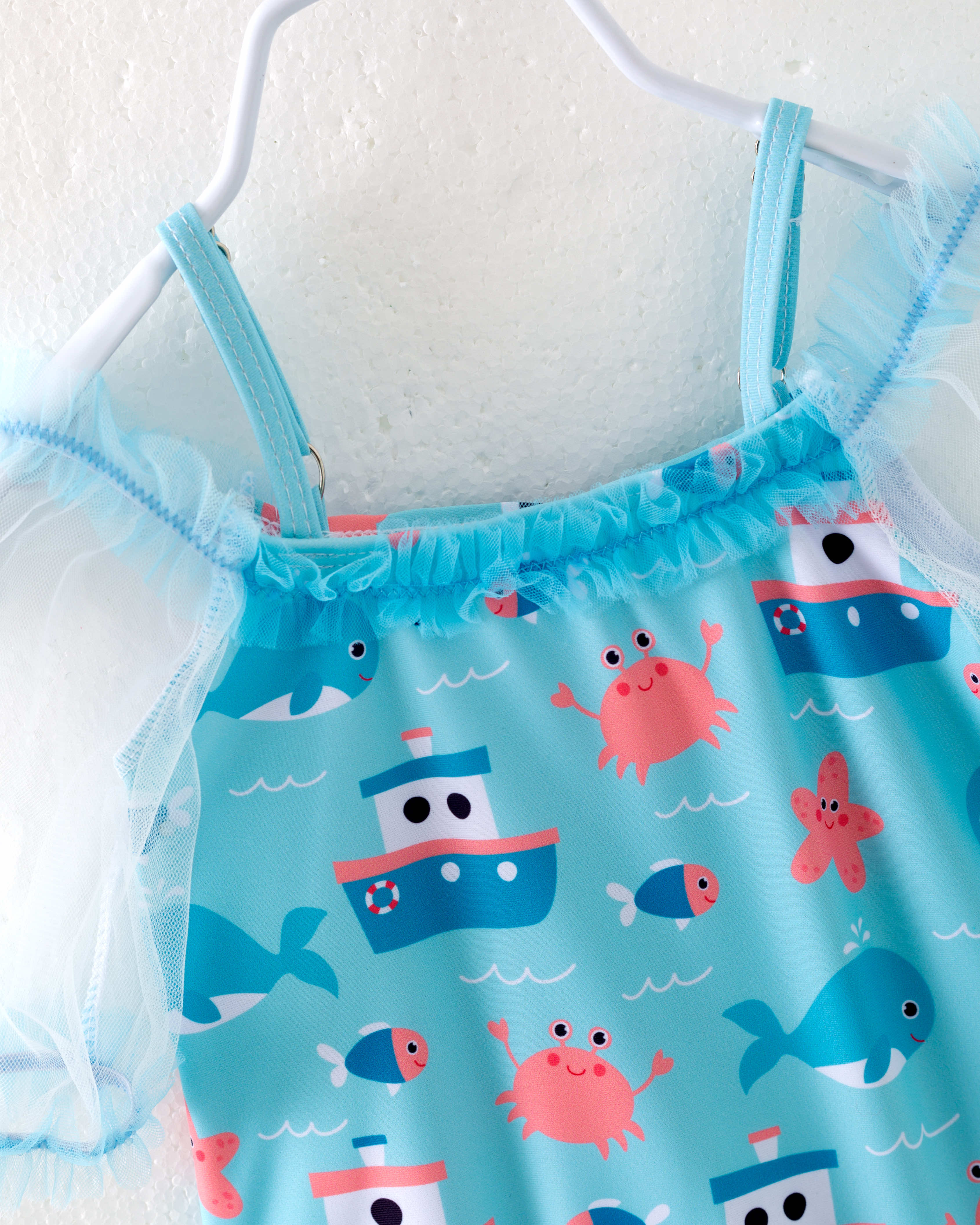 Blue Sea Boat Crab Ruffle Girl One Piece Swimsuit
