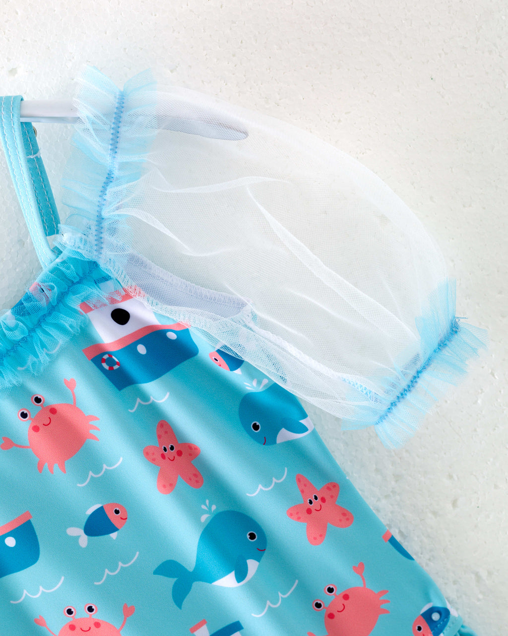 Blue Sea Boat Crab Ruffle Girl One Piece Swimsuit