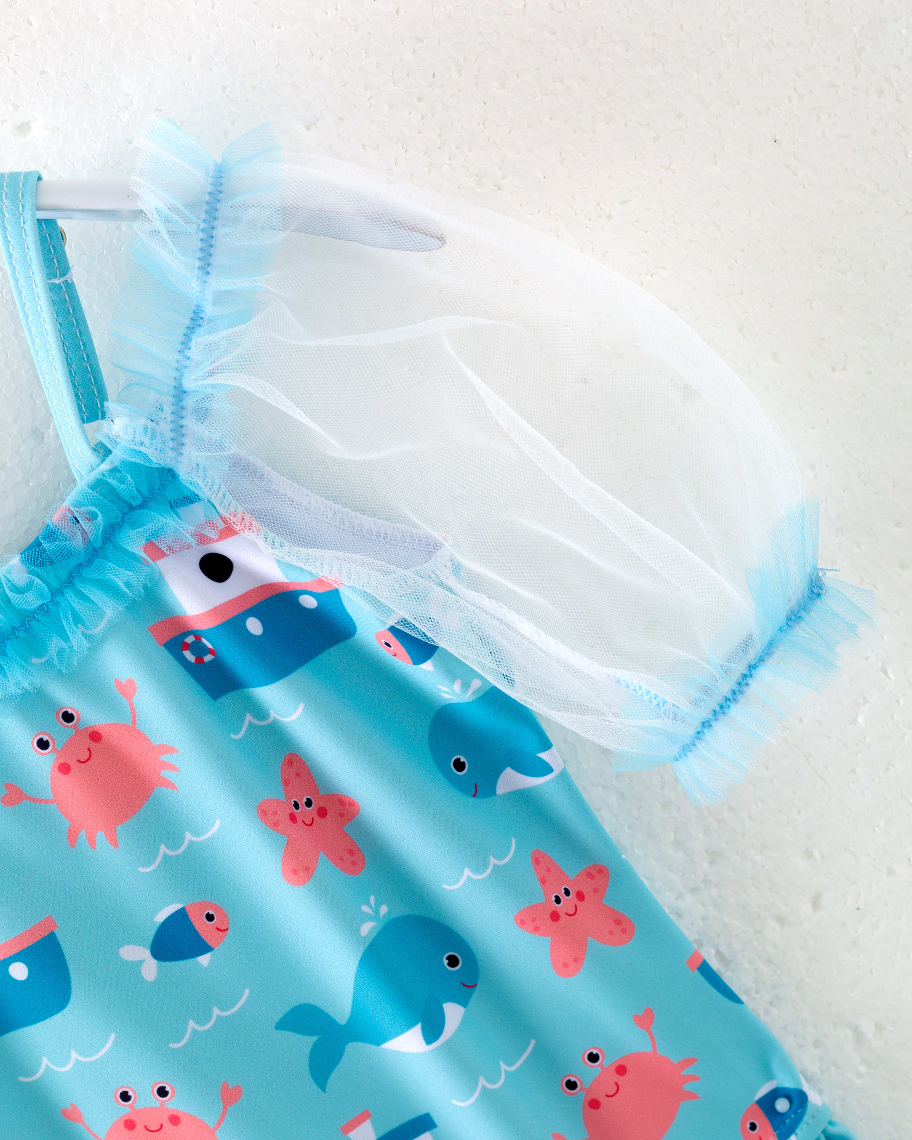 Blue Sea Boat Crab Ruffle Girl One Piece Swimsuit