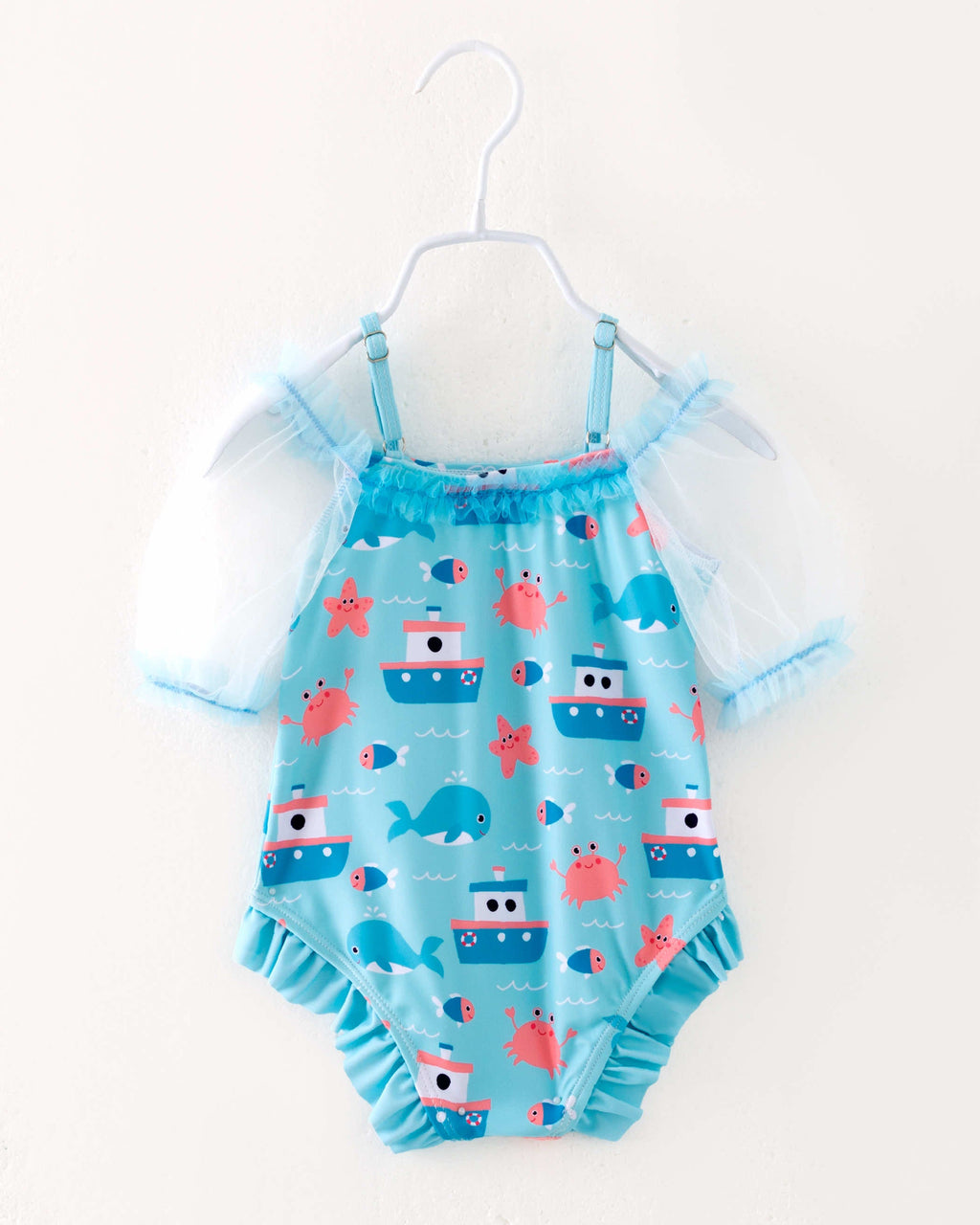Blue Sea Boat Crab Ruffle Girl One Piece Swimsuit