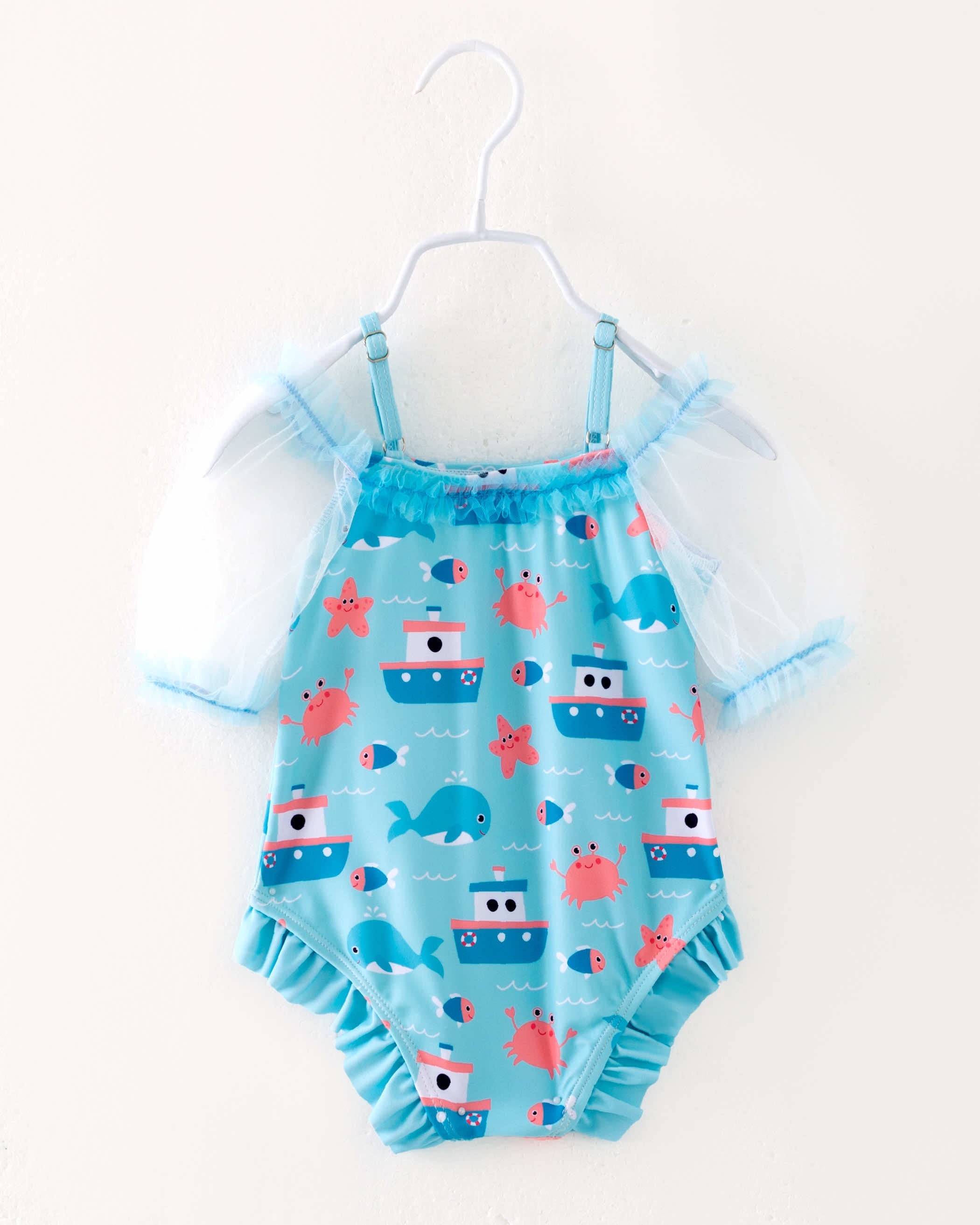 Blue Sea Boat Crab Ruffle Girl One Piece Swimsuit