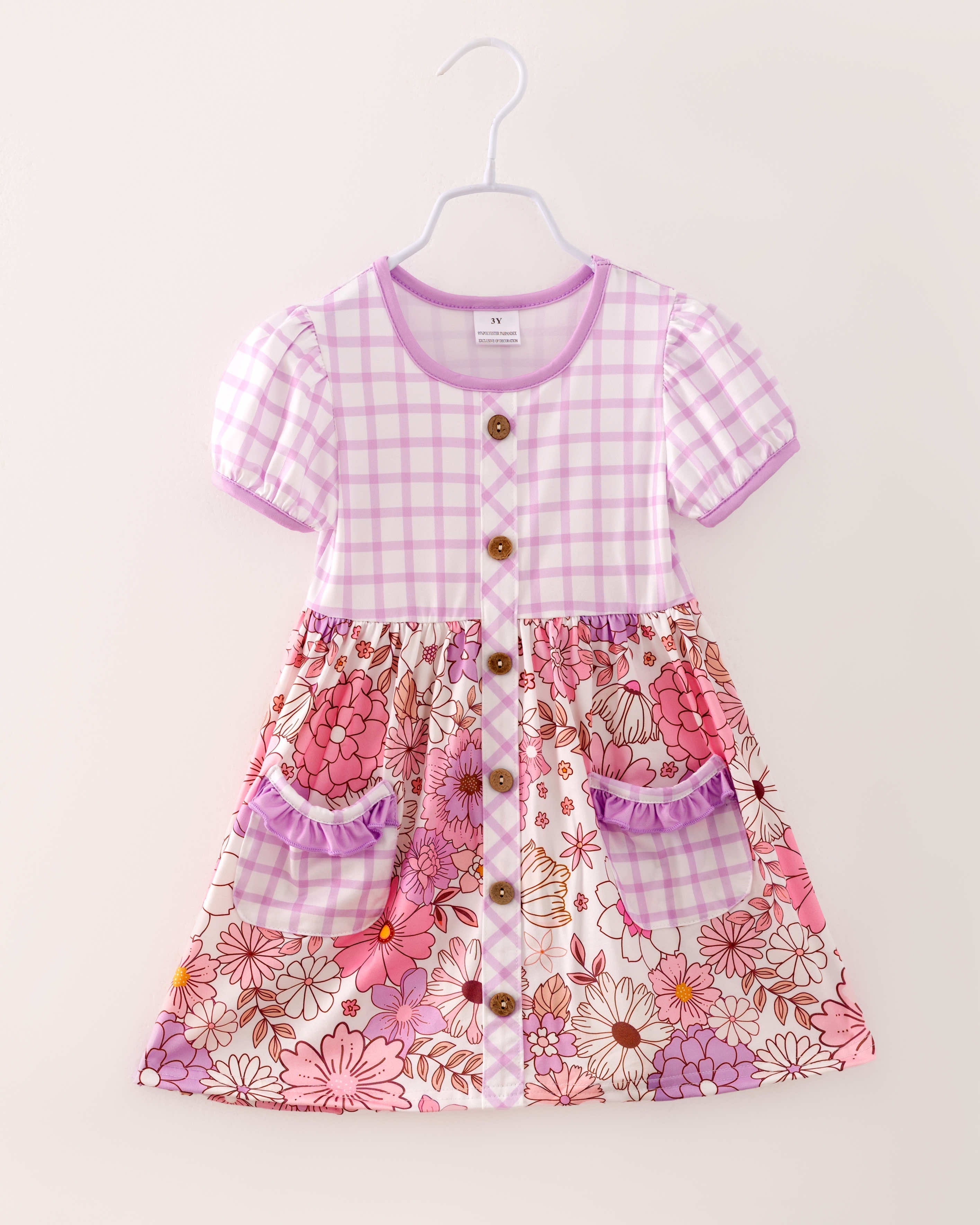 Pink Purple Plaid Flower Pocket Girl Dress