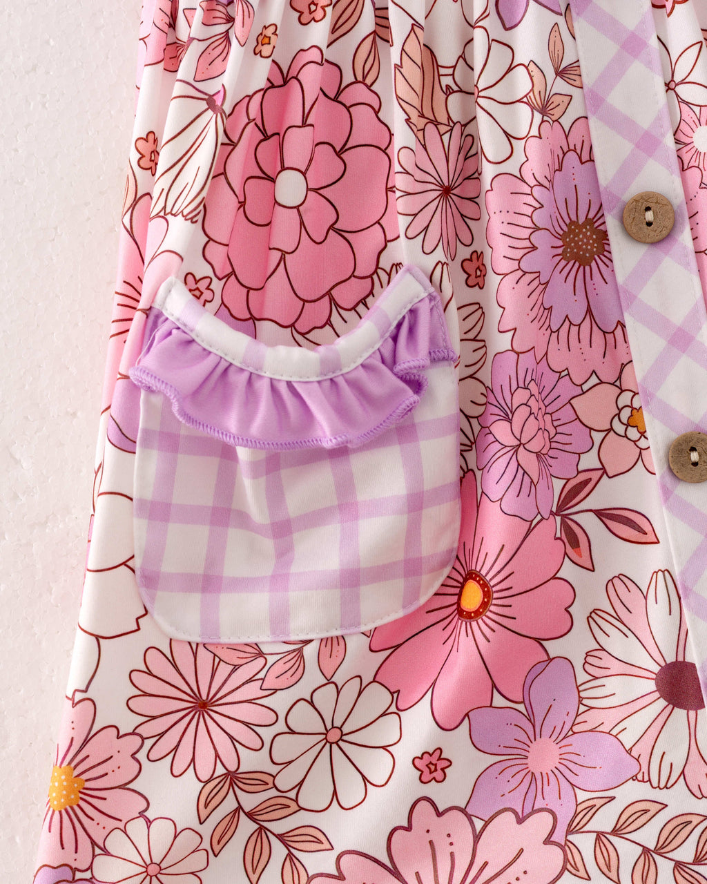 Pink Purple Plaid Flower Pocket Girl Dress