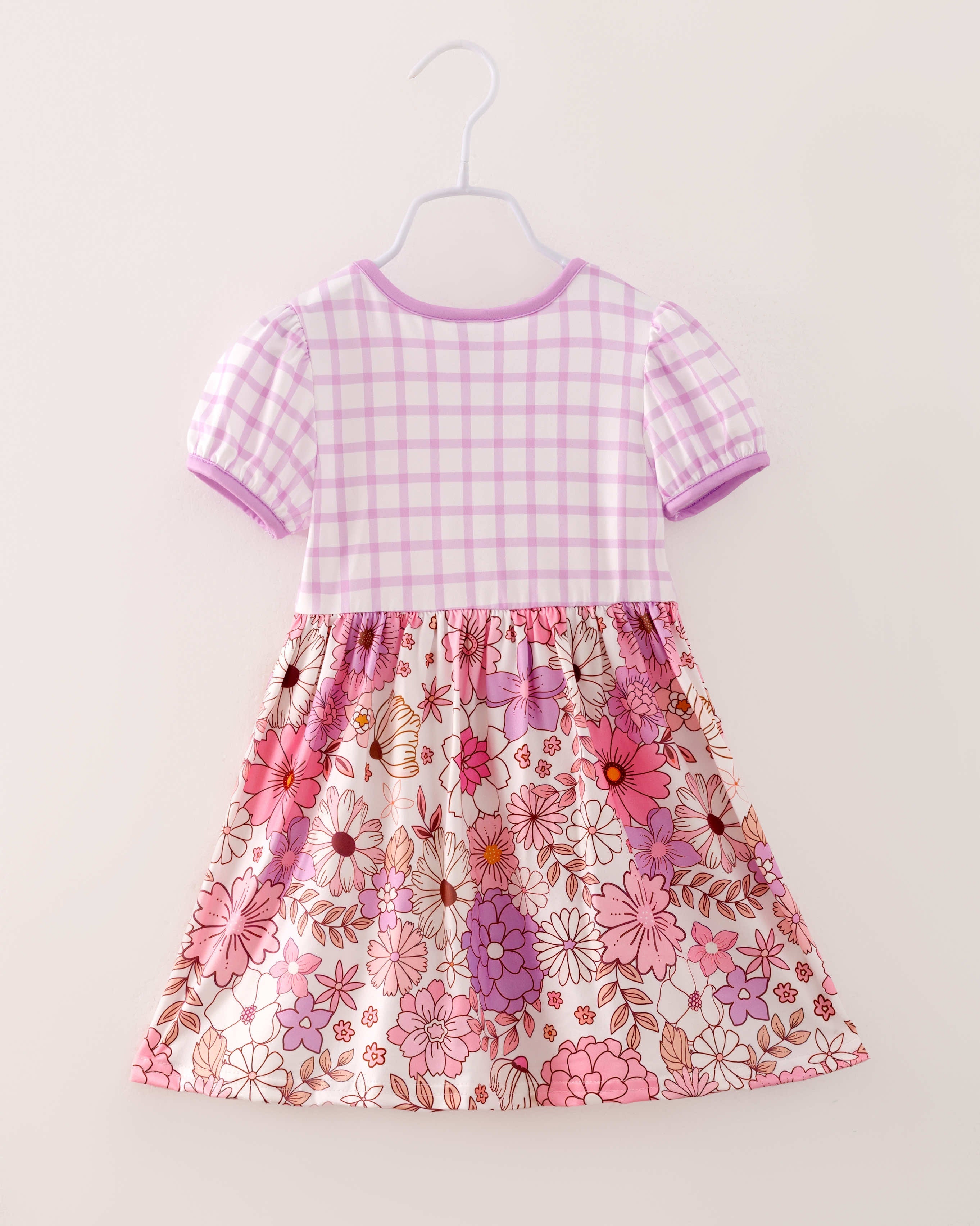 Pink Purple Plaid Flower Pocket Girl Dress