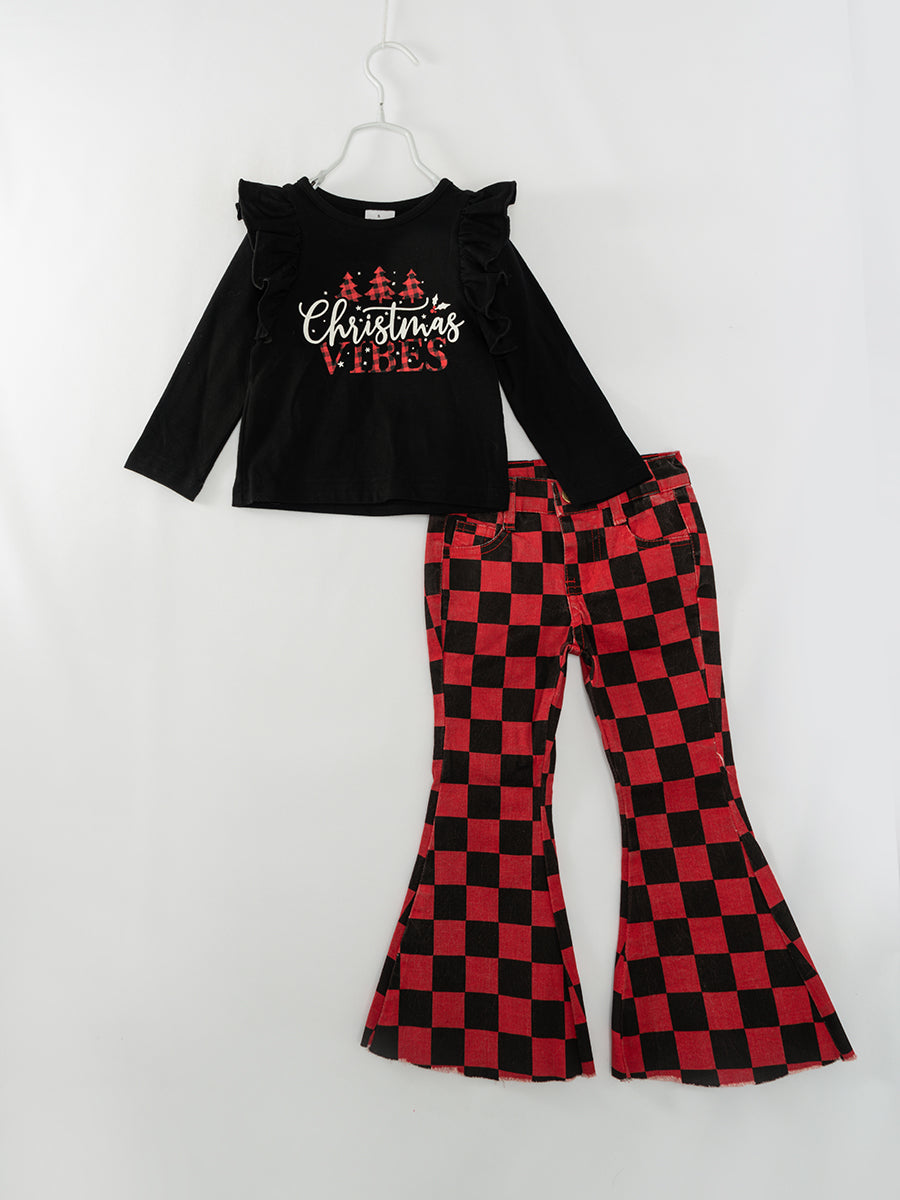 Red Black Plaid Christmas VIBES Girl Denim Bell Pant Set