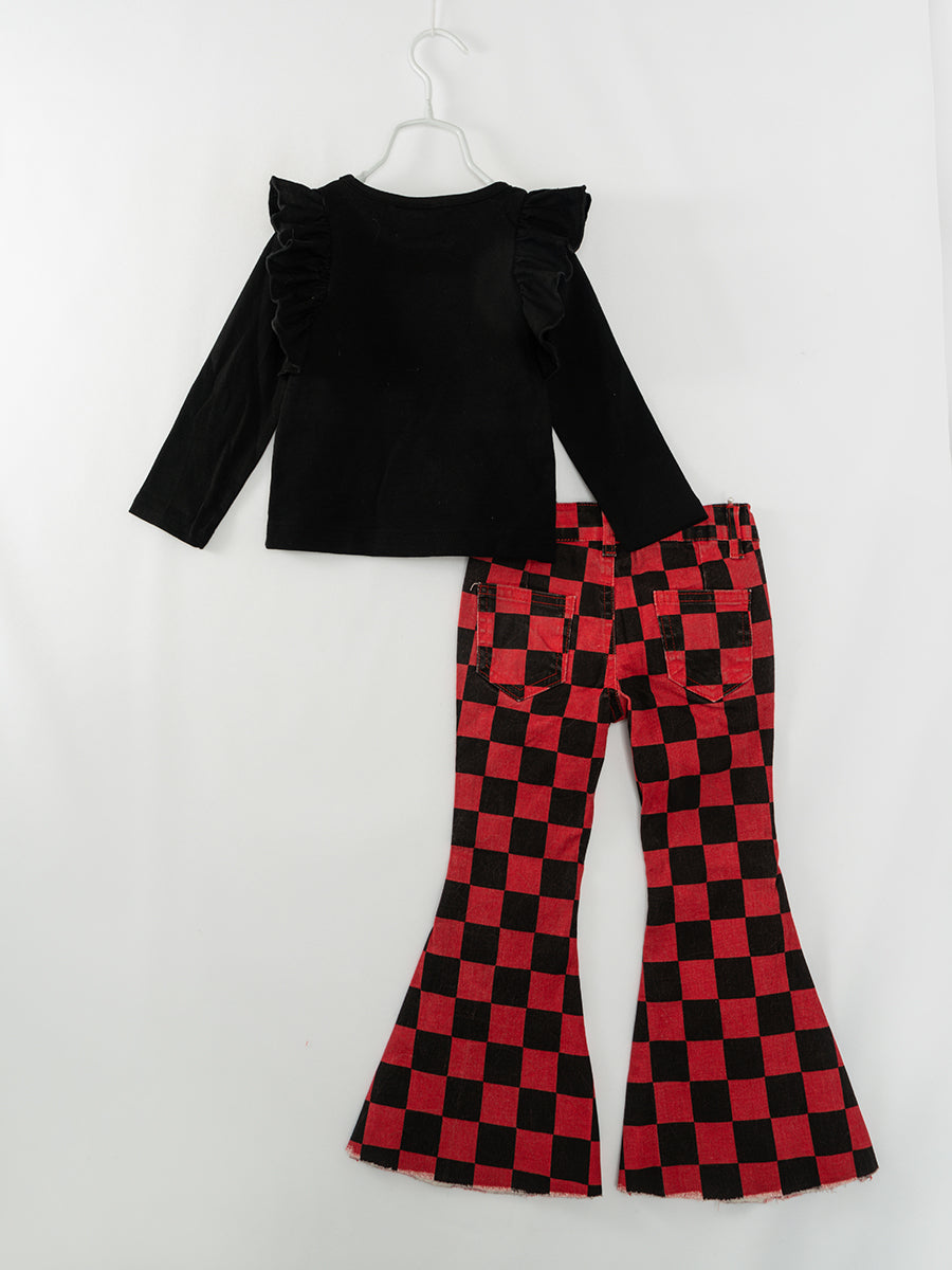 Red Black Plaid Christmas VIBES Girl Denim Bell Pant Set