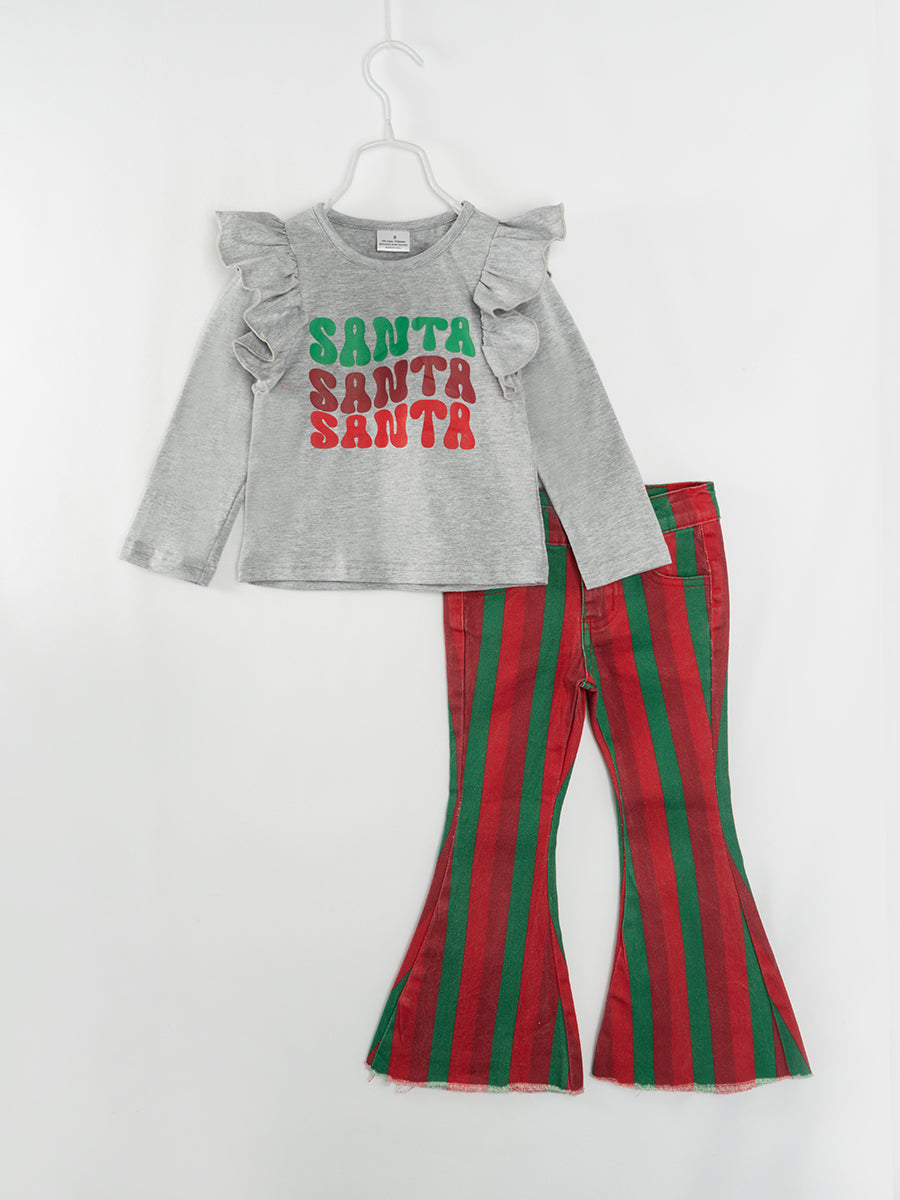Christmas SANTA Red Green Stripe Girl Denim Bell Pant Set