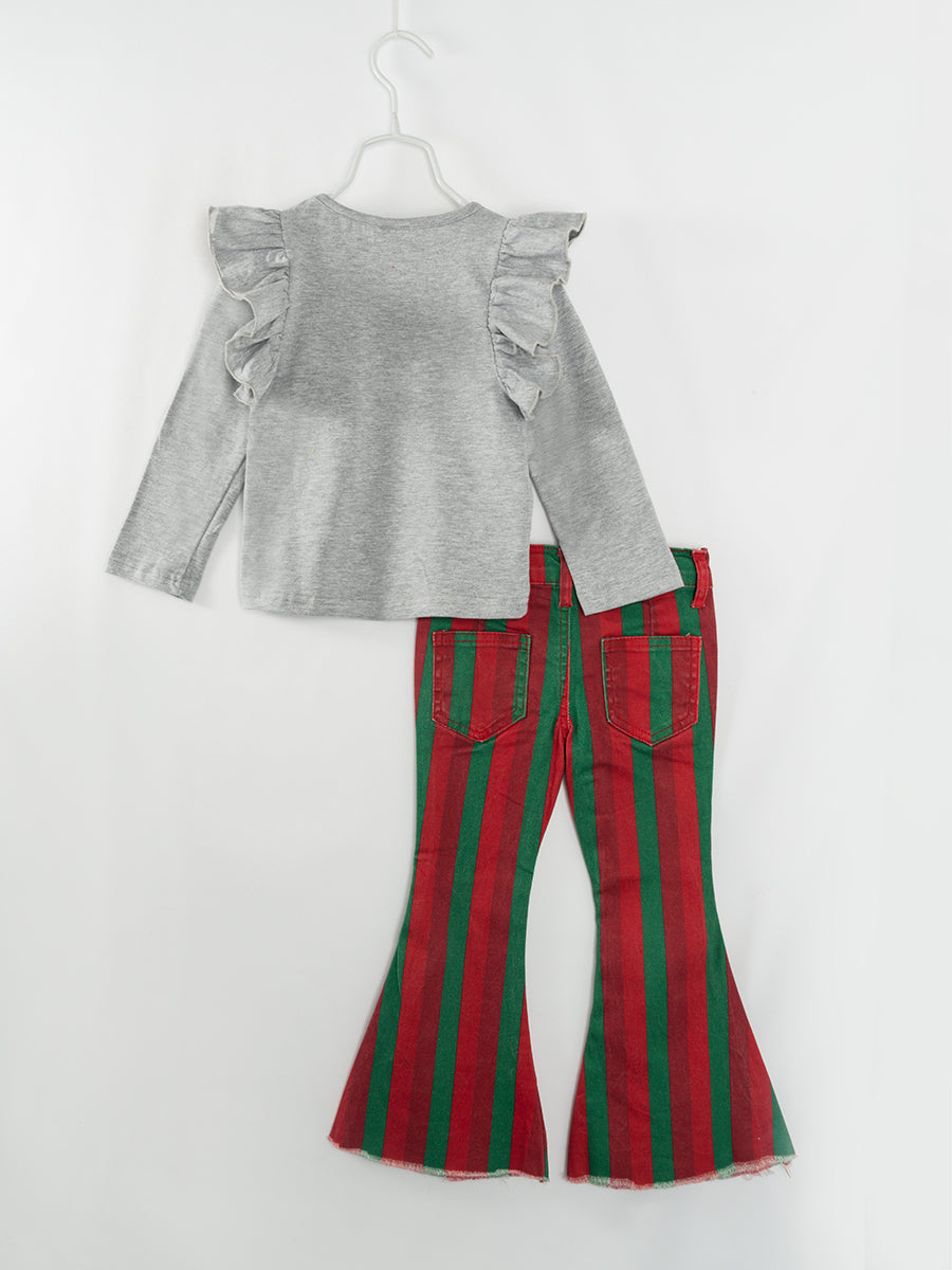 Christmas SANTA Red Green Stripe Girl Denim Bell Pant Set