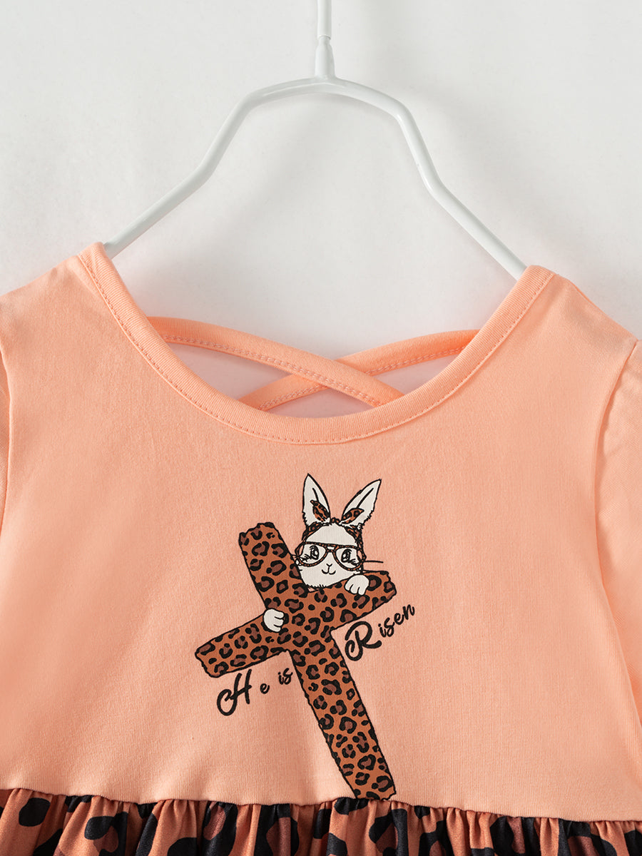 Easter Brown Leopard Cross Bunny Ruffle Girl Twirl Dress